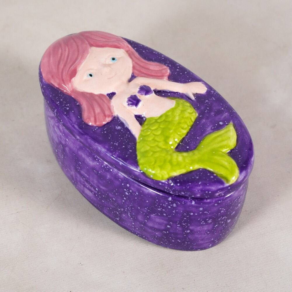 Mermaid Ceramic Trinket Box Dish Siren Storage Container Cup Purple Pink Green